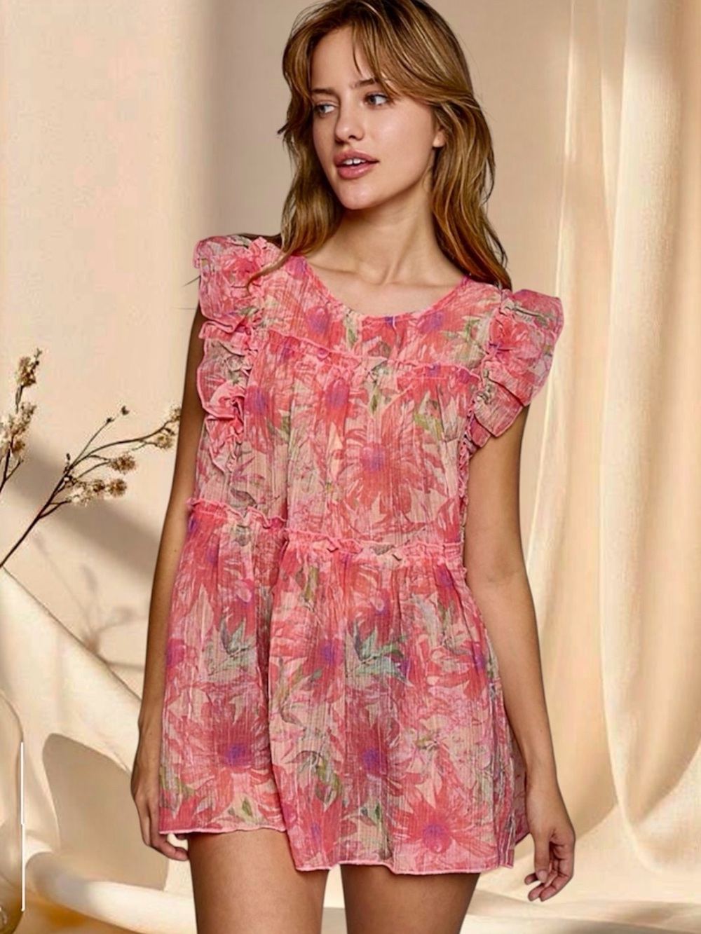 POL Pink Red Floral Ruffle Flutter Sleeve Sheer Tunic Top - Picture 5 of 5